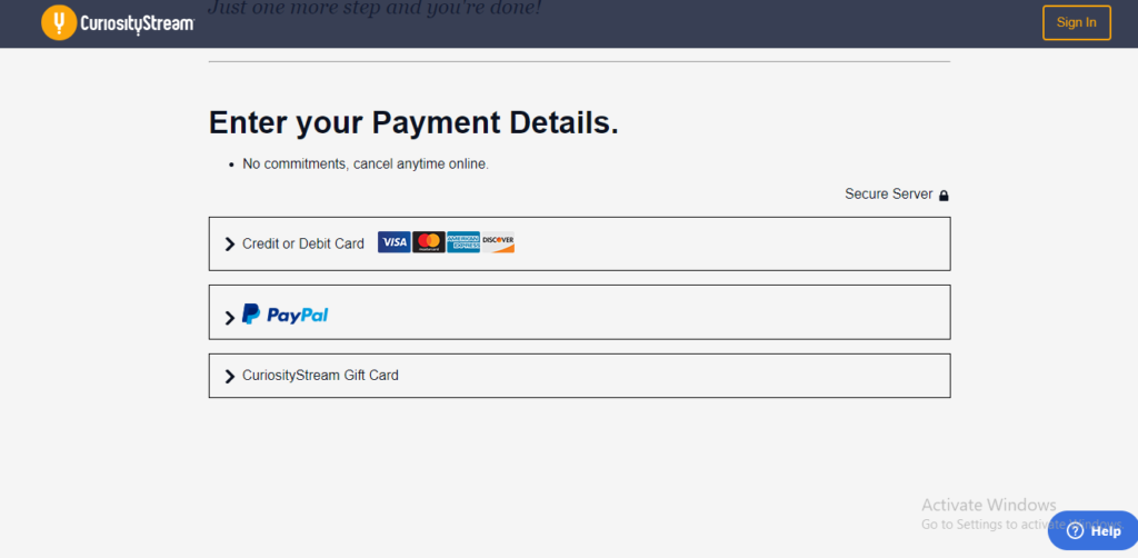 Payment Details of CuriosityStream