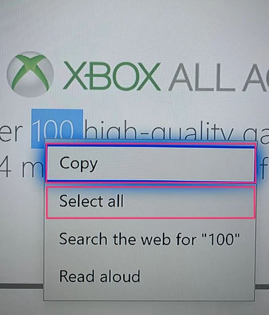 Select all and Reda Aloud option on Xbox